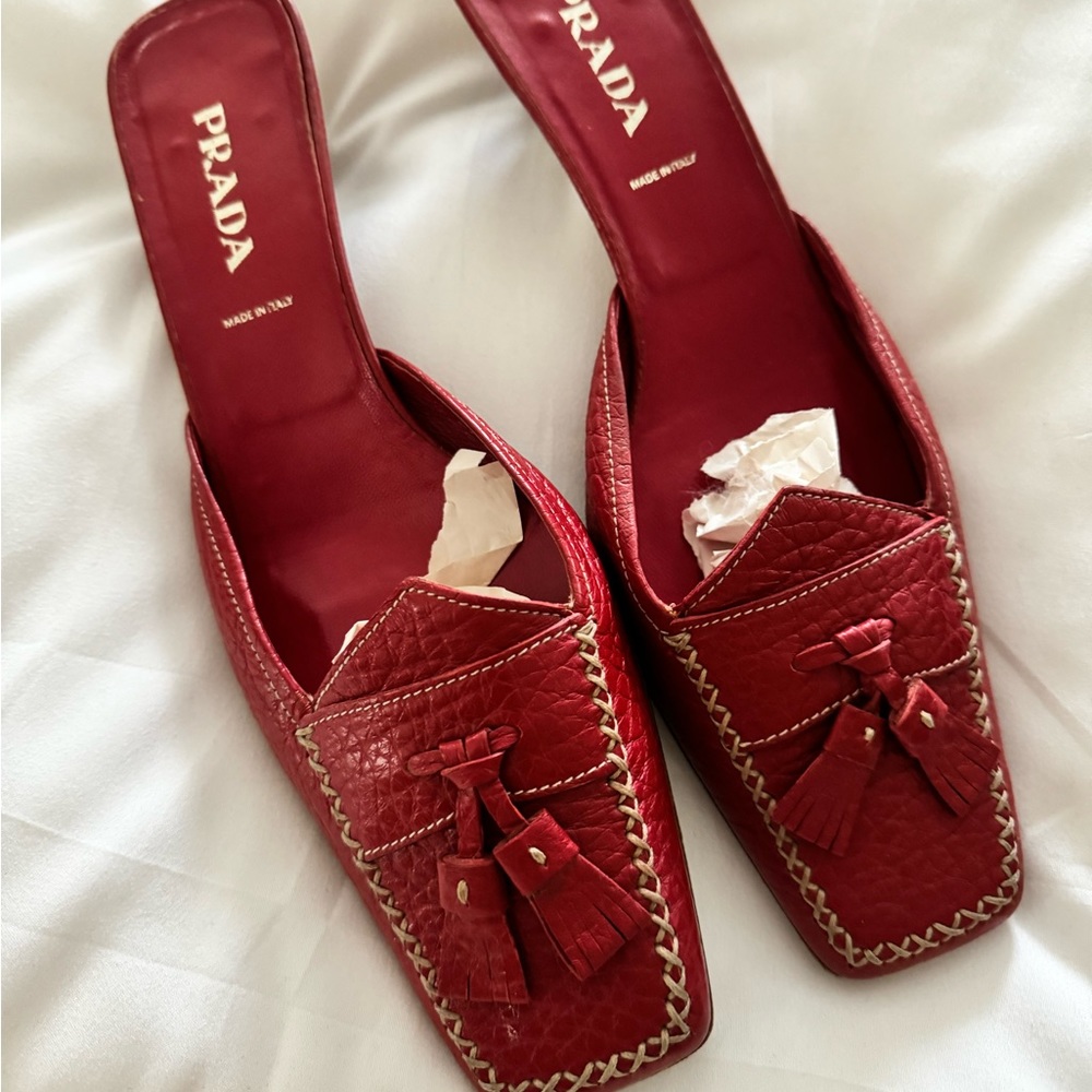 Prada, leather, tassel red mules, size 39 1/2